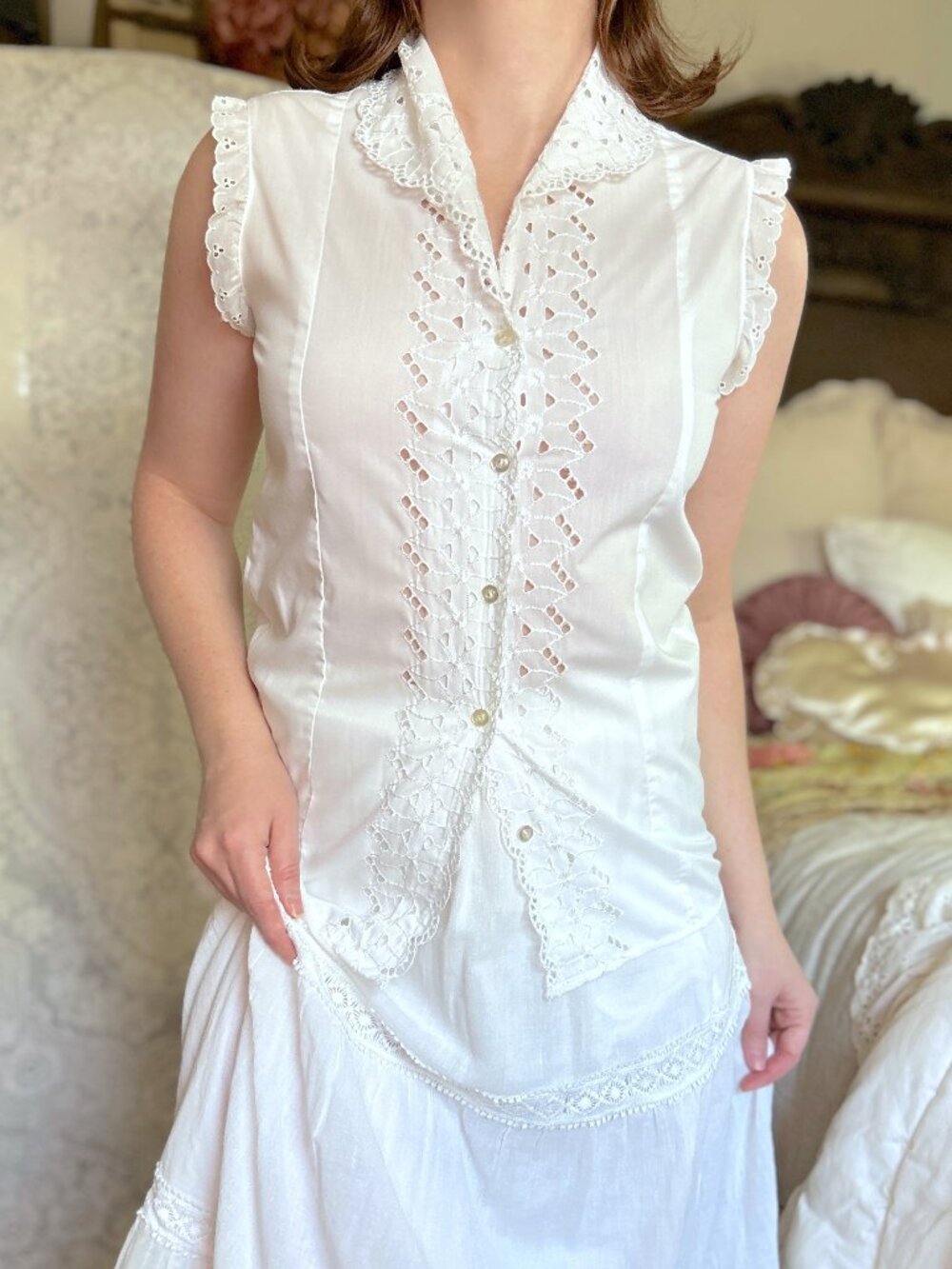Vintage White Eyelet Cotton Blouse, Sleeveless Top, Ruffle Sleeve Cottagecore